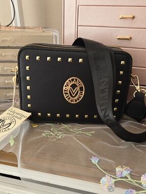 Authentic Valentino Orlandi Black Crossbody with Gold Studs and Logo